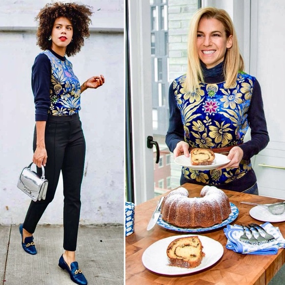 Tory Burch Hollis Cosmic Floral Velvet Foiled Gold Metallic Sweater Navy Blue S - Picture 2 of 12